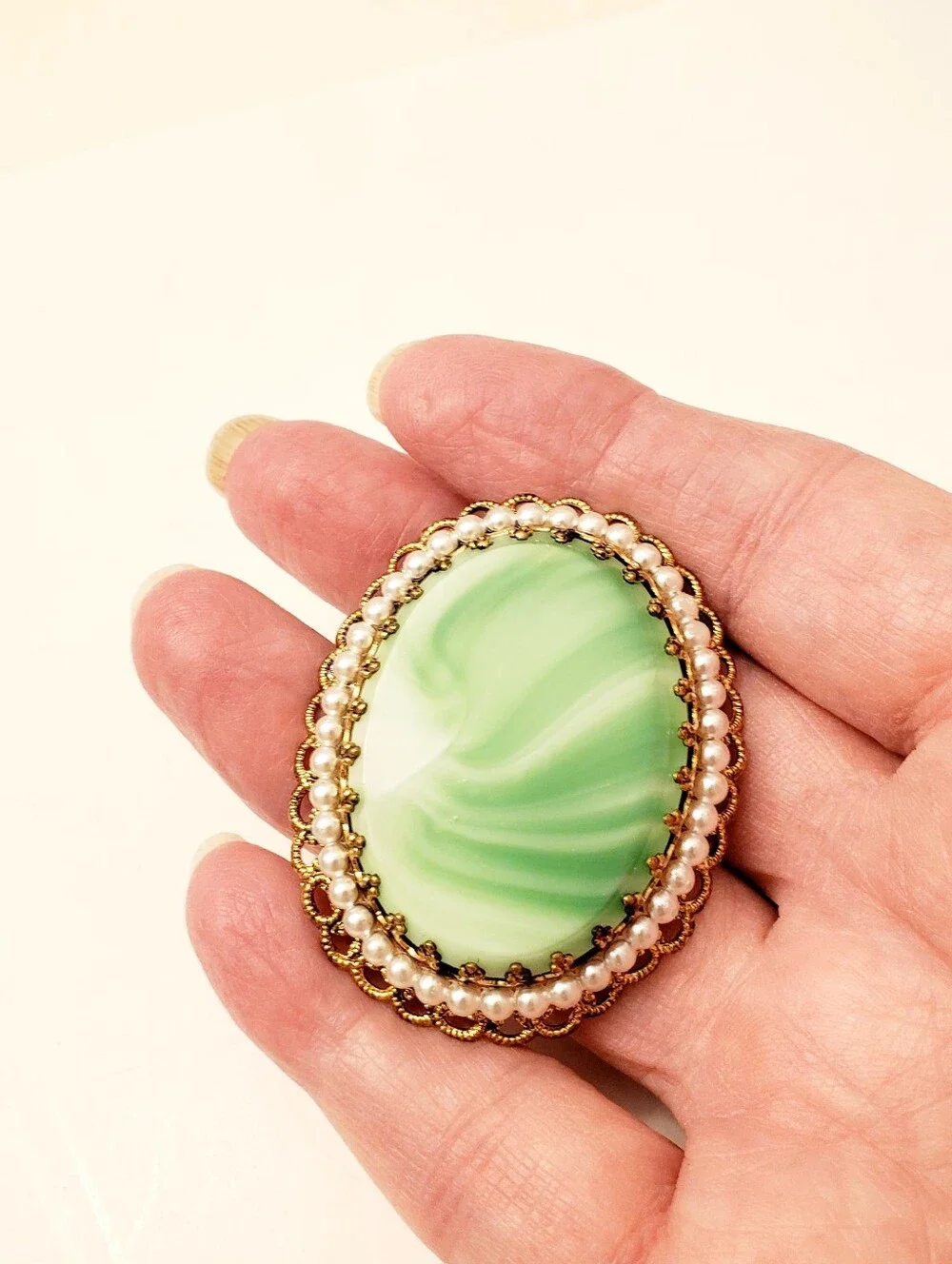 WEST GERMANY Green Glass Swirl Brooch with Pearl Detail, Lovely Color